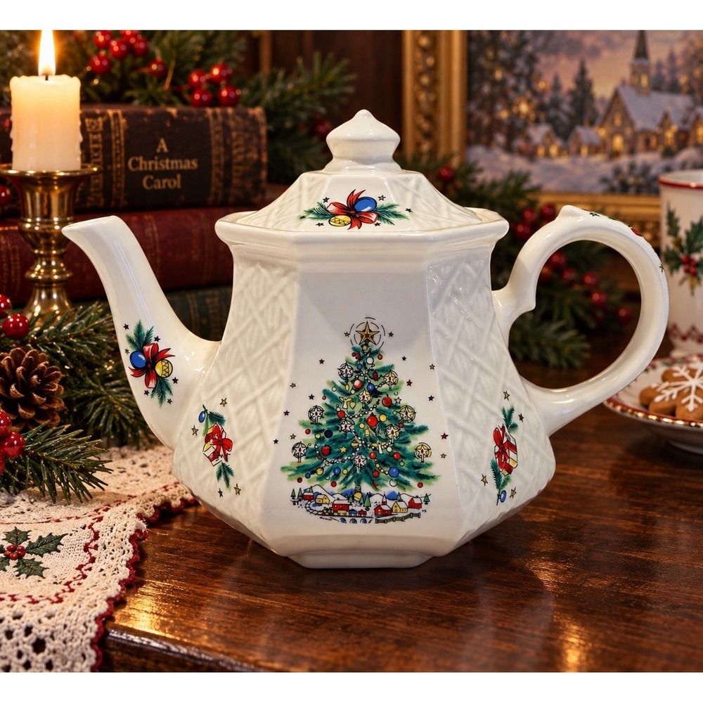 Sadler Salem Christmas Eve Teapot Vintage Christmas Tree Holiday England Ivory